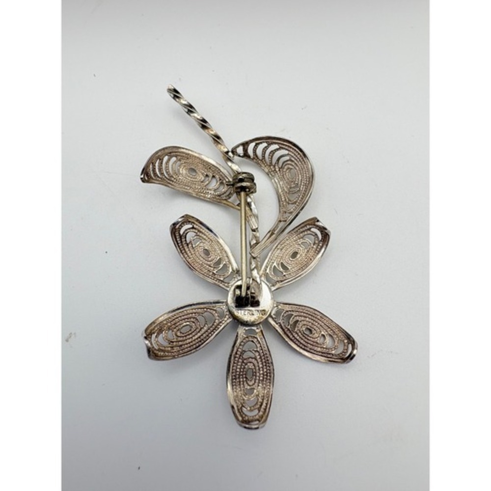 Sterling Silver Flower Brooch‎ Dark Faceted Stone Openwork Floral Pin Vintage - Picture 8 of 11